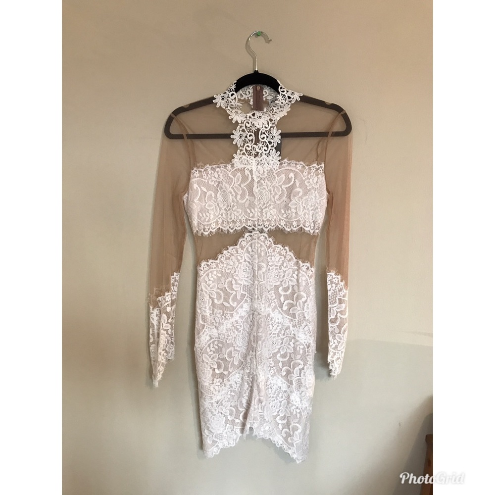 Fashion Nova - White Floral Nude Dress